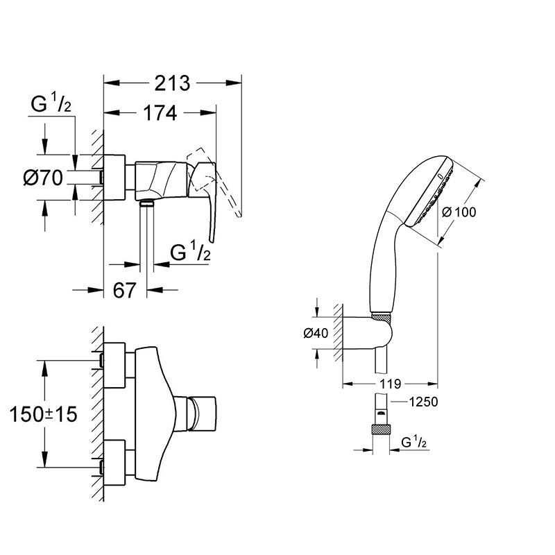 Pachet baterie cabina dus Grohe Europlus, set dus ,furtun 1,25m,suport prindere inclus