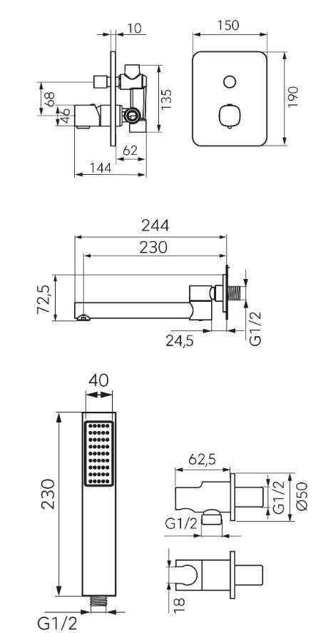 Sistem de cada si dus incastrat FDesign Meandro cu 2 functii, crom - FDSFD1-MDR-7PSET1-11