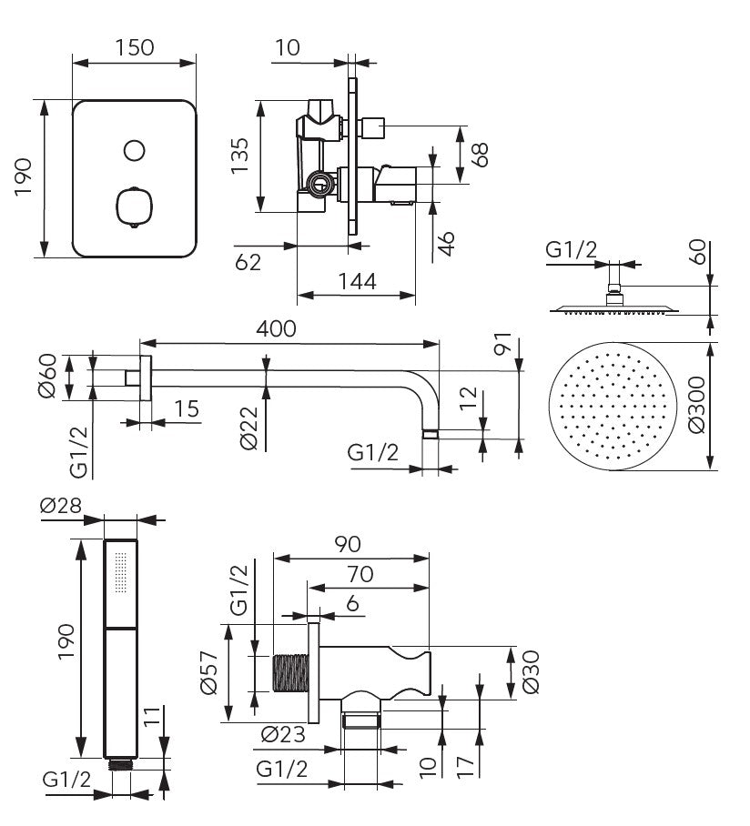Sistem dus incastrat FDesign Meandro, 2 functii, palarie dus fixa 30 cm, brat dus 40 cm si para mobila, crom - FDSFD1-MDR-7PSET2-11