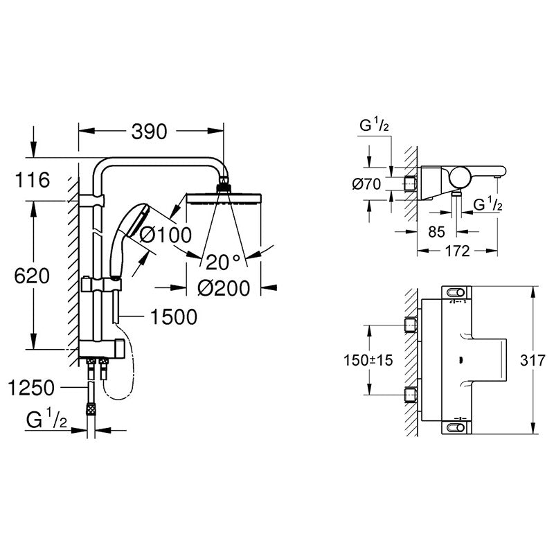 Coloana cabina dus cu termostat, Grohe Grohtherm 2000 New, palarie 200mm,jet,crom(34464001 ,27389002)