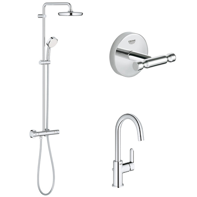 Pachet: Coloana dus Grohe New Tempesta 210-27922001, Baterie lavoar Grohe BauEdge L-23760000, Agăţătoare Grohe BauCosmopolitan-40461001