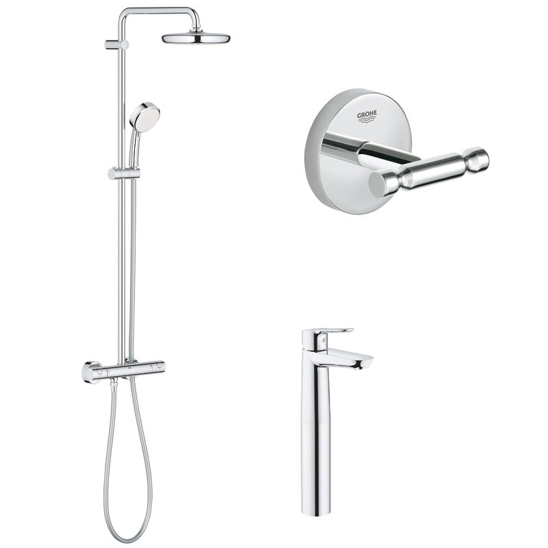 Pachet: Coloana dus Grohe New Tempesta 210-27922001, Baterie lavoar blat Grohe BauEdge XL-23761000, Agăţătoare Grohe BauCosmopolitan-40461001