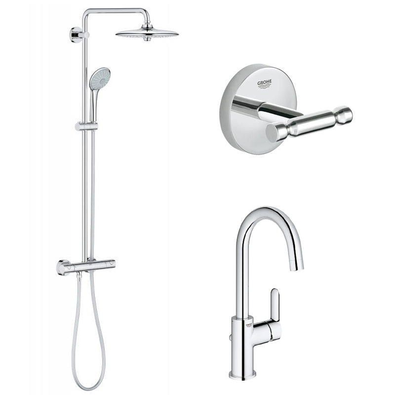 Pachet: Coloana dus Grohe Euphoria 260-27296002, Baterie lavoar Grohe BauEdge L-23760000, Agăţătoare Grohe BauCosmopolitan-40461001
