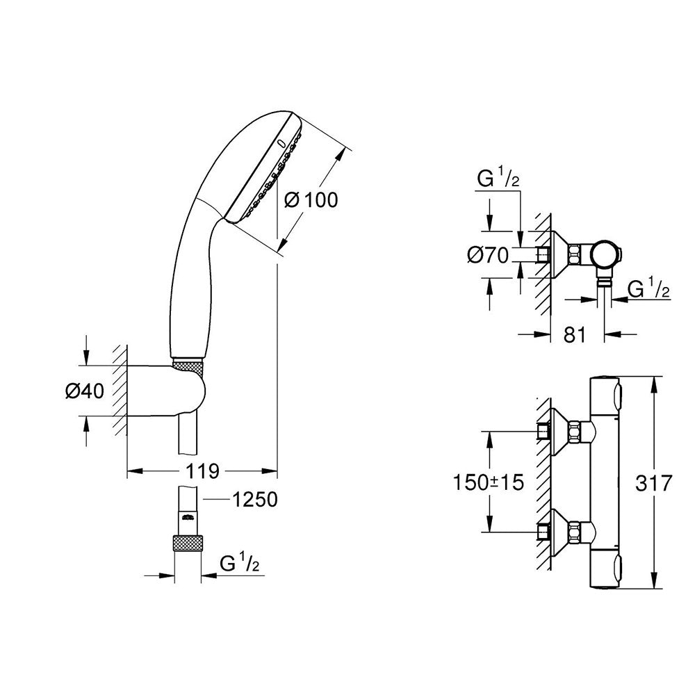 Set baterie cabina dus Grohe Grohtherm 500, set dus inclus, lungime furtun 1.25m, gama profesionala-(34793000,27799003)