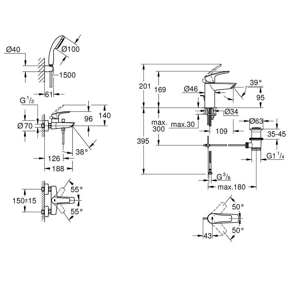 Pachet Grohe Eurosmart New 2021, editie profesionala, baterie cada,lavoar, set dus porter lungime 1,5m (33302003, 33265003)