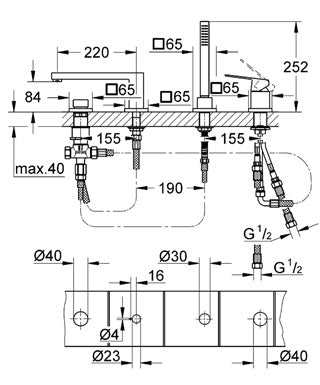 Baterie cadă monocomandă cu 4 găuri Grohe Eurocube -19897000