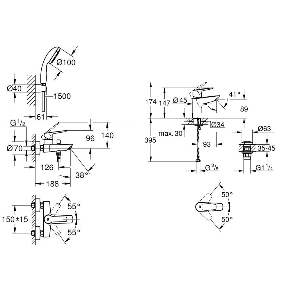 Pachet baterii baie Grohe Start, marimea S, set dus inclus, suport perete, crom-( 23413002 ,23550002  )