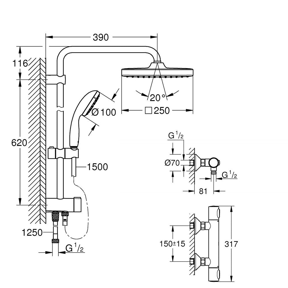 Coloana dus Grohe Vitalio palarie patrata 25 cm, baterie cabina dus termostat Precision Flow (26698000 ,34840000)
