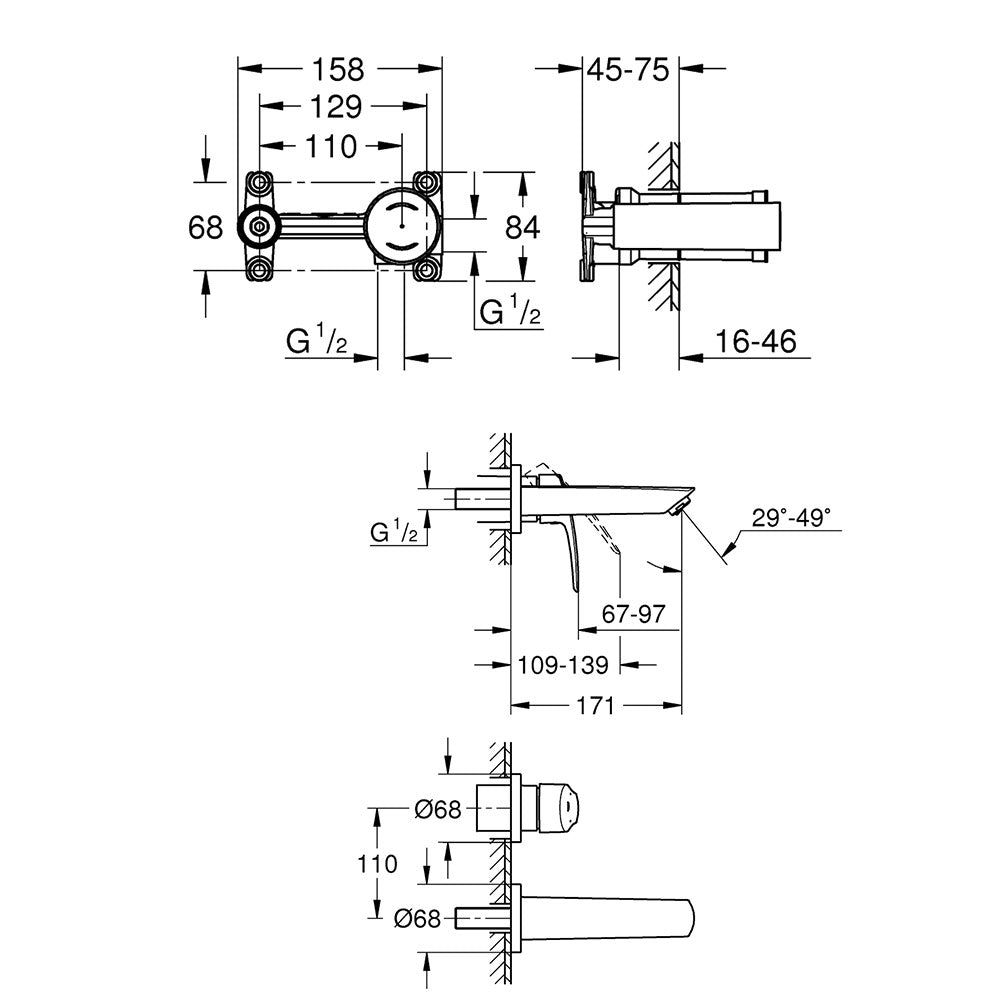 Baterie lavoar Grohe Eurosmart New, corp incastrat inclus, crom(29337003,23571000)