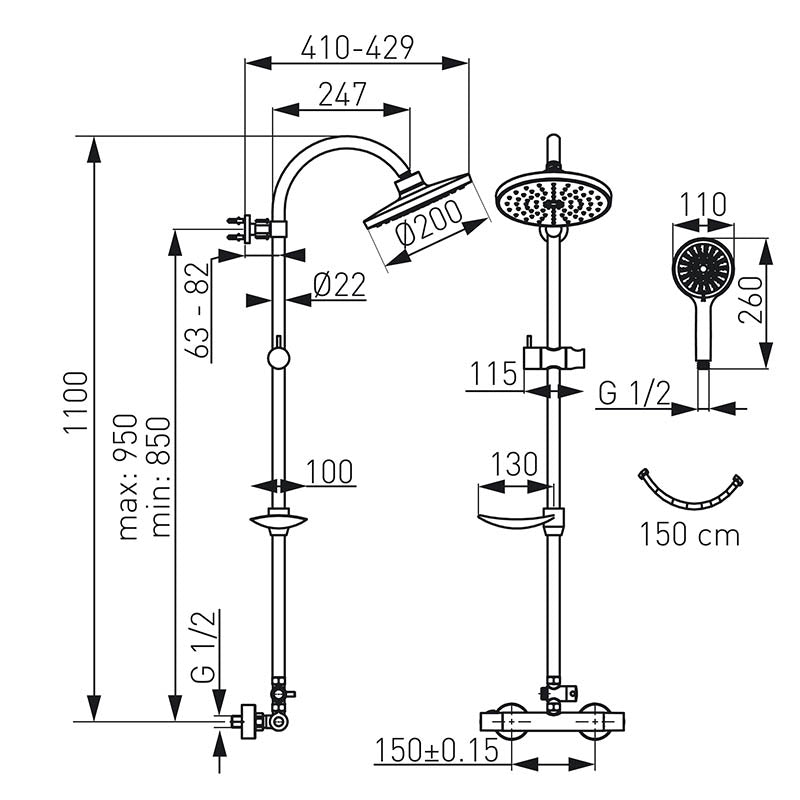 Coloana dus Ferro Trinity, dus fix, para de dus si baterie termostatata, crom - NP71-TRM7U