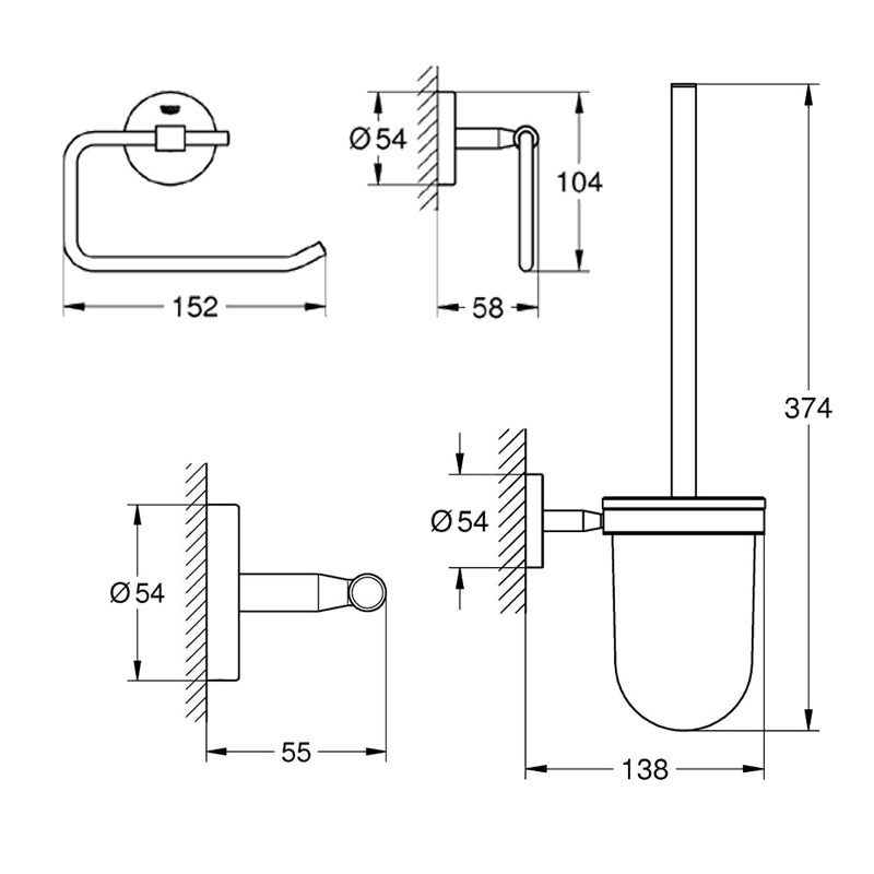 Set accesorii baie Grohe BauCity 3 in 1, perie wc (40463001) , suport hartie igienica(40457001), cuier prosop dublu (40461001)