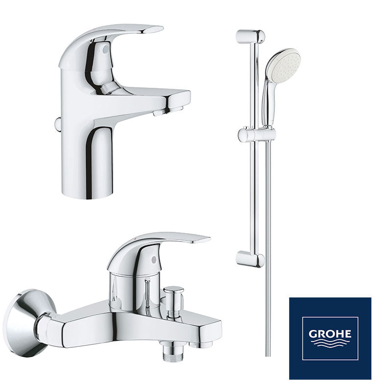 Pachet baterii baie Grohe BauCurve, baterie cada,baterie lavoar S, set dus bara(23768000,23805000,27853001)