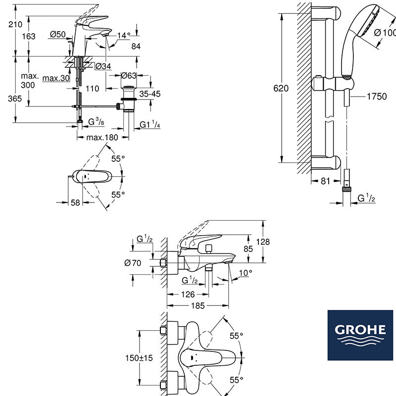 Pachet 3 in 1 baterii baie Grohe Eurostyle, marimea S, alb,maner plin  (23726LS3,23707LS3,27853003)