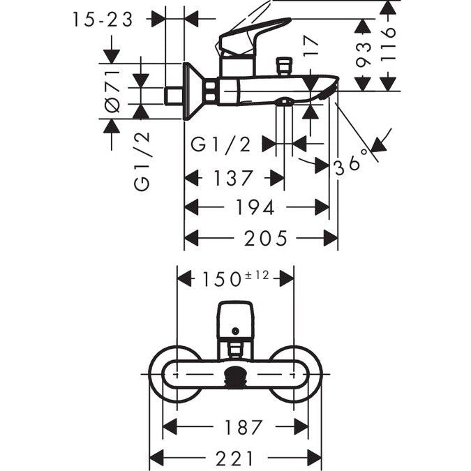 Baterie cada Hansgrohe Logis, fara furtun si para de dus, montare pe perete, crom -71400000