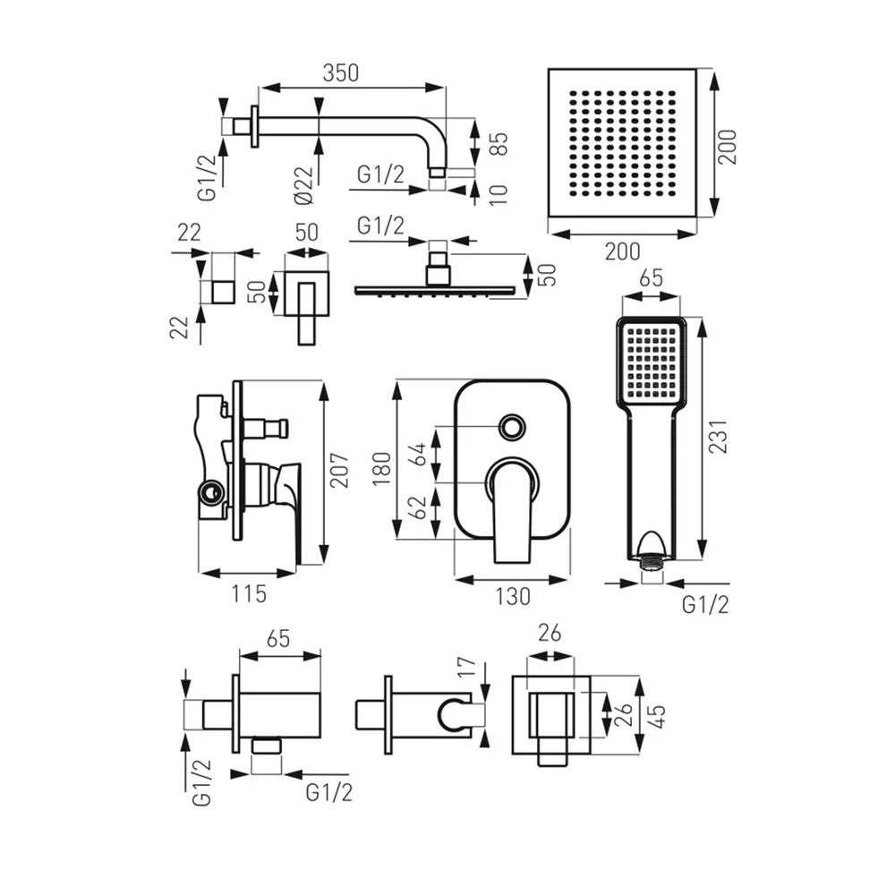 Sistem dus incastrat Ferro Square, crom - SET-SQ1-P