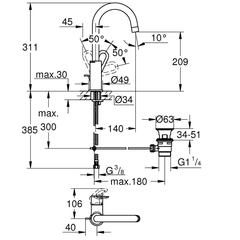 Pachet: Coloana dus Grohe New Tempesta 210-27922001, Bateria lavoar Grohe Bauloop L-23763000,  Agatatoare Grohe BauCosmo-40461001