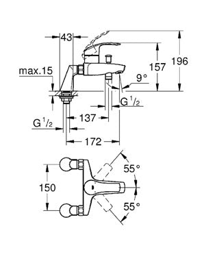 Baterie cadă monocomandă 1/2"Eurosmart New-33303002