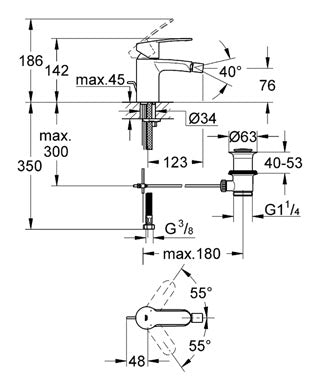 Baterie bideu Grohe Eurostyle Cosmo, cartus ceramic, limitator debit, set evacuare cu tija, marimea S, Crom-33565002