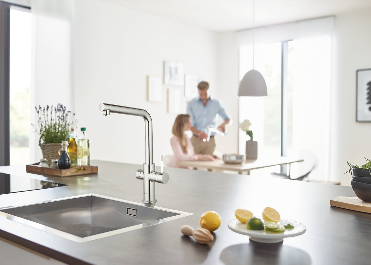 Baterie bucatarie Grohe Blue Home, monocomanda, sistem de filtrare apa, racire apa si apa carbogazoasa, 3 nivele mineralizare, cartus ceramic, pipa tip L, pivotanta 150, crom-31454001