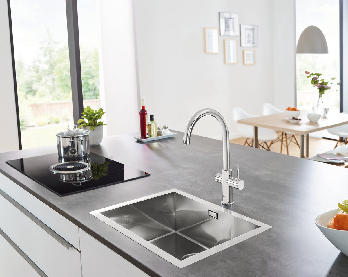 Baterie bucatarie Grohe Blue Home, monocomanda, sistem de filtrare apa, racire apa si apa carbogazoasa, 3 nivele mineralizare, cartus ceramic, pipa tip C, pivotanta 150, Crom-31455001