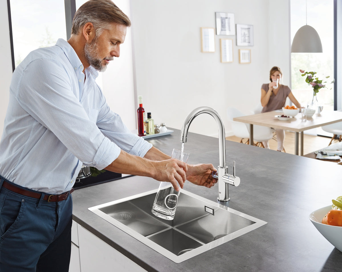Baterie bucatarie Grohe Blue Home, monocomanda, sistem de filtrare apa, racire apa si apa carbogazoasa, 3 nivele mineralizare, cartus ceramic, pipa tip C, pivotanta 150, Crom-31455001