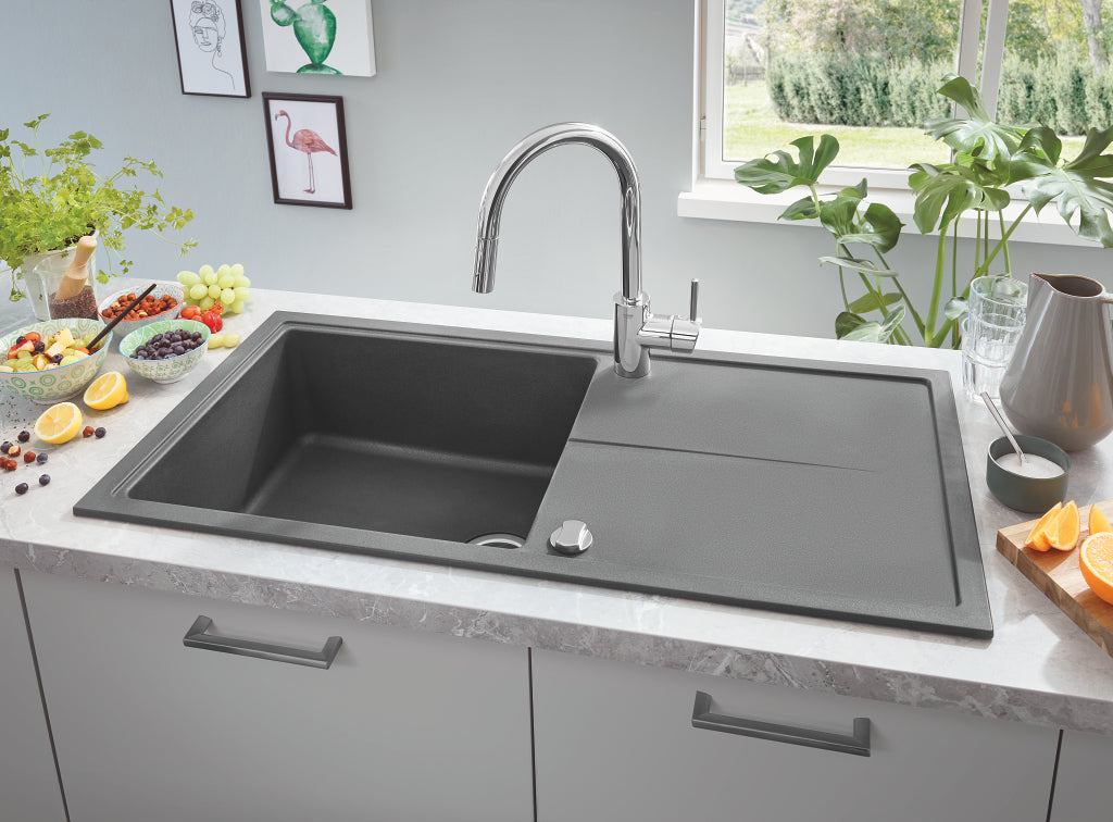 Chiuveta Quartz composite Grohe, reversibila, montare pe blat, evacuare automata, Kit montaj si evacuare, Antracit, - 31640AT0