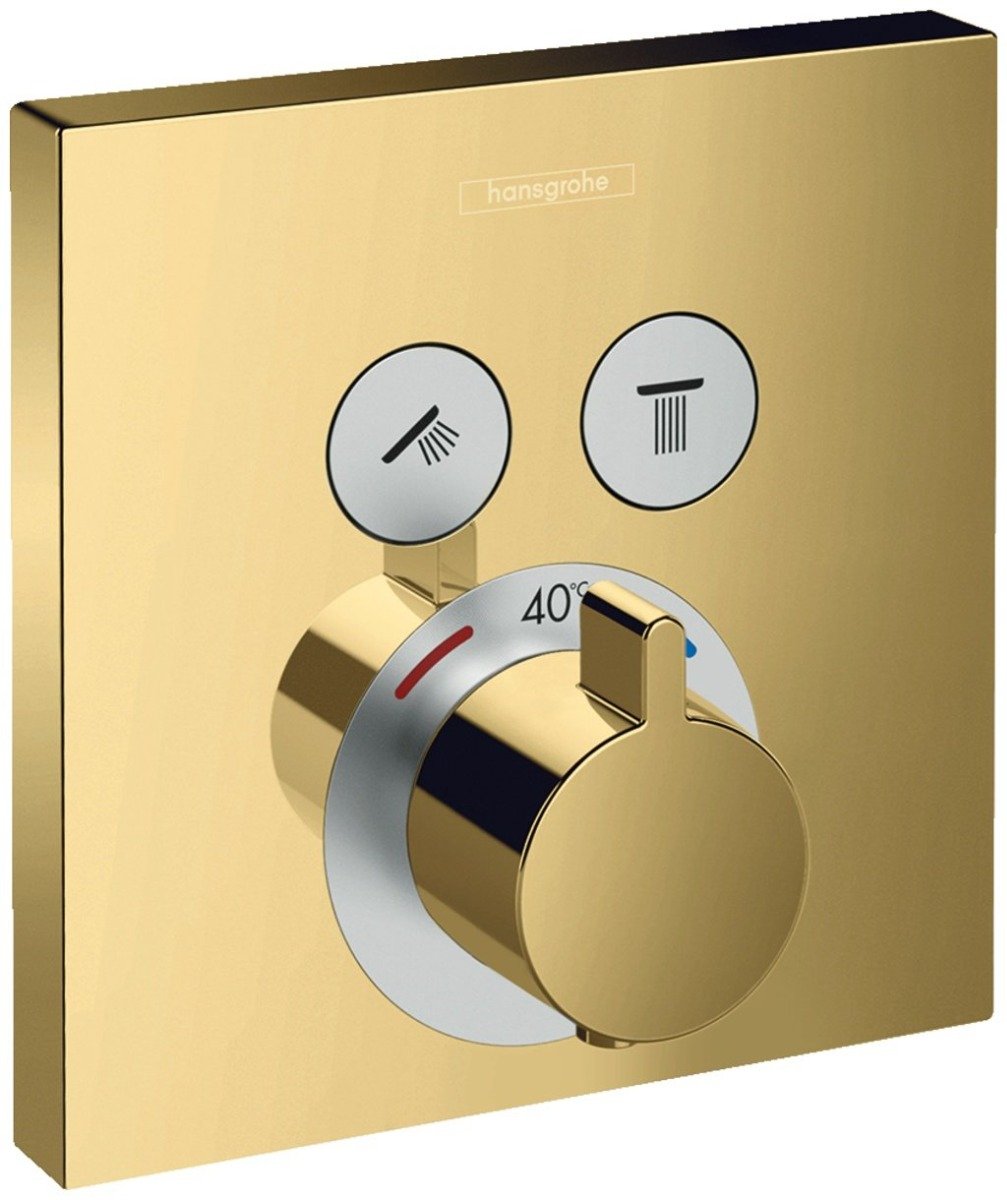 Baterie dus termostatata Hansgrohe Shower Select cu montaj incastrat si 2 iesiri, polished gold optic – 15763990 15763990