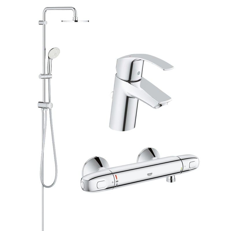 Pachet coloana dus Grohe New Tempesta 200, crom, montare pe perete, baterie termostat Grohtherm 1000 New,baterie lavoar Grohe Eurosmart S (27389002, 34143003, 33265002) baterii-lux.ro/