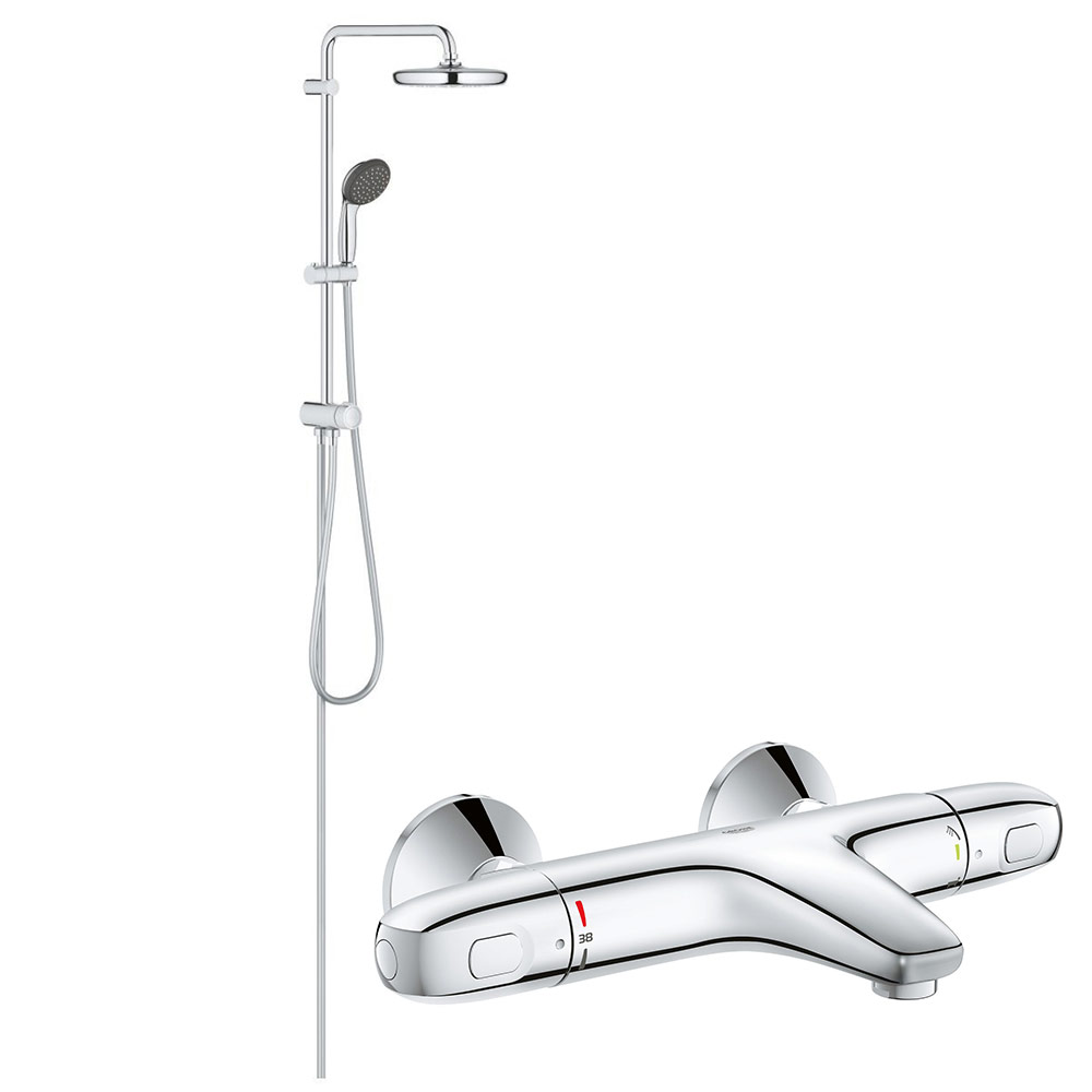 Coloana dus Grohe palarie 210 mm, crom, baterie cada/dus termostat Grohe 1000 (26382001,34155003) baterii-lux.ro